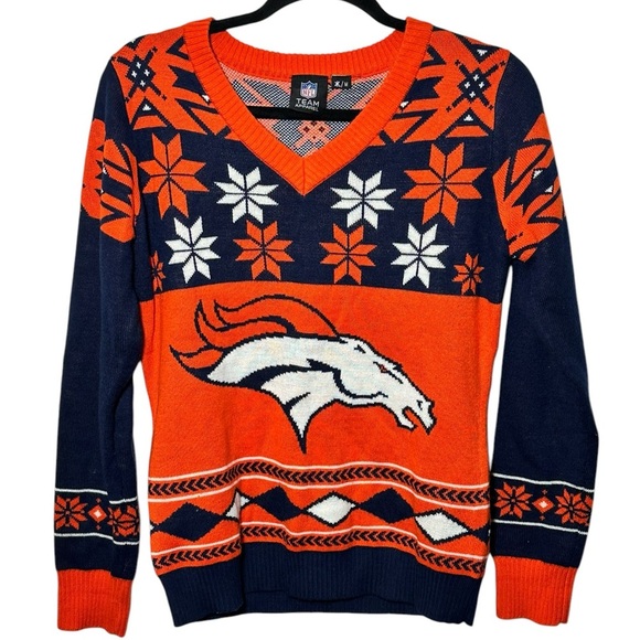 Denver Broncos NFL‎ Big Logo V Neck Ugly Christmas Sweater Football Holidays - Picture 1 of 5